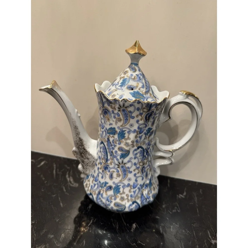Vintage Blue Paisley By Lefton Cups And Saucers & Teapot For Four